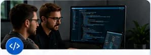 Development team reviewing code on work screens