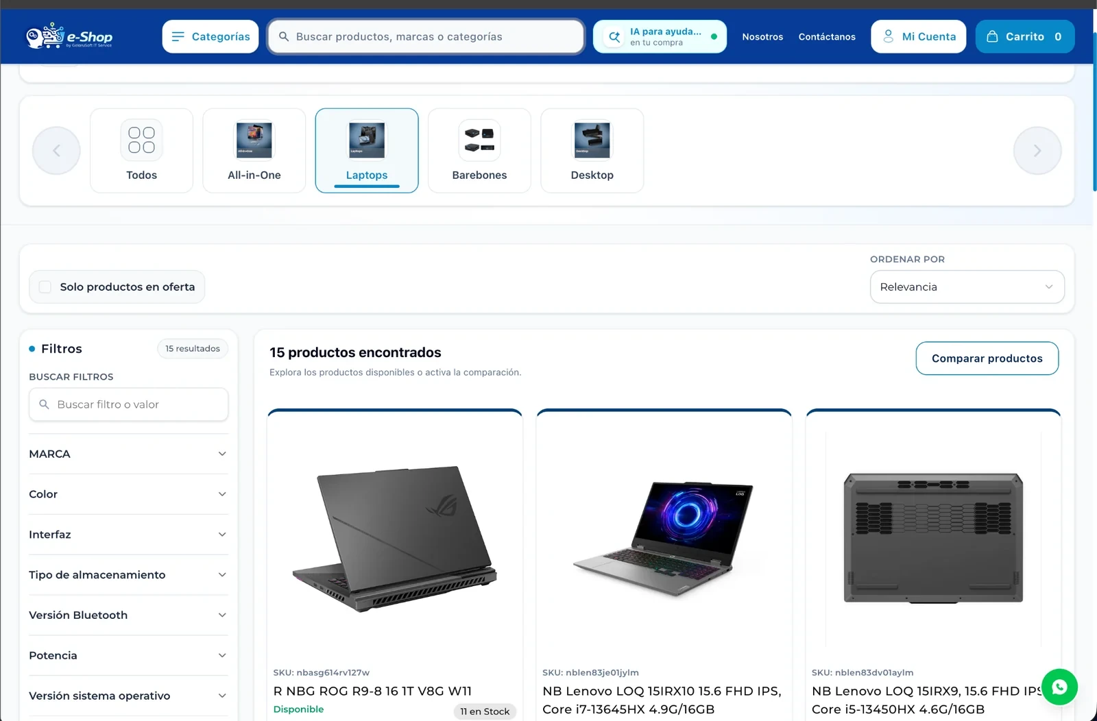 Catálogo del e-Shop de GELARUSOFT con productos tecnológicos, búsqueda y filtros